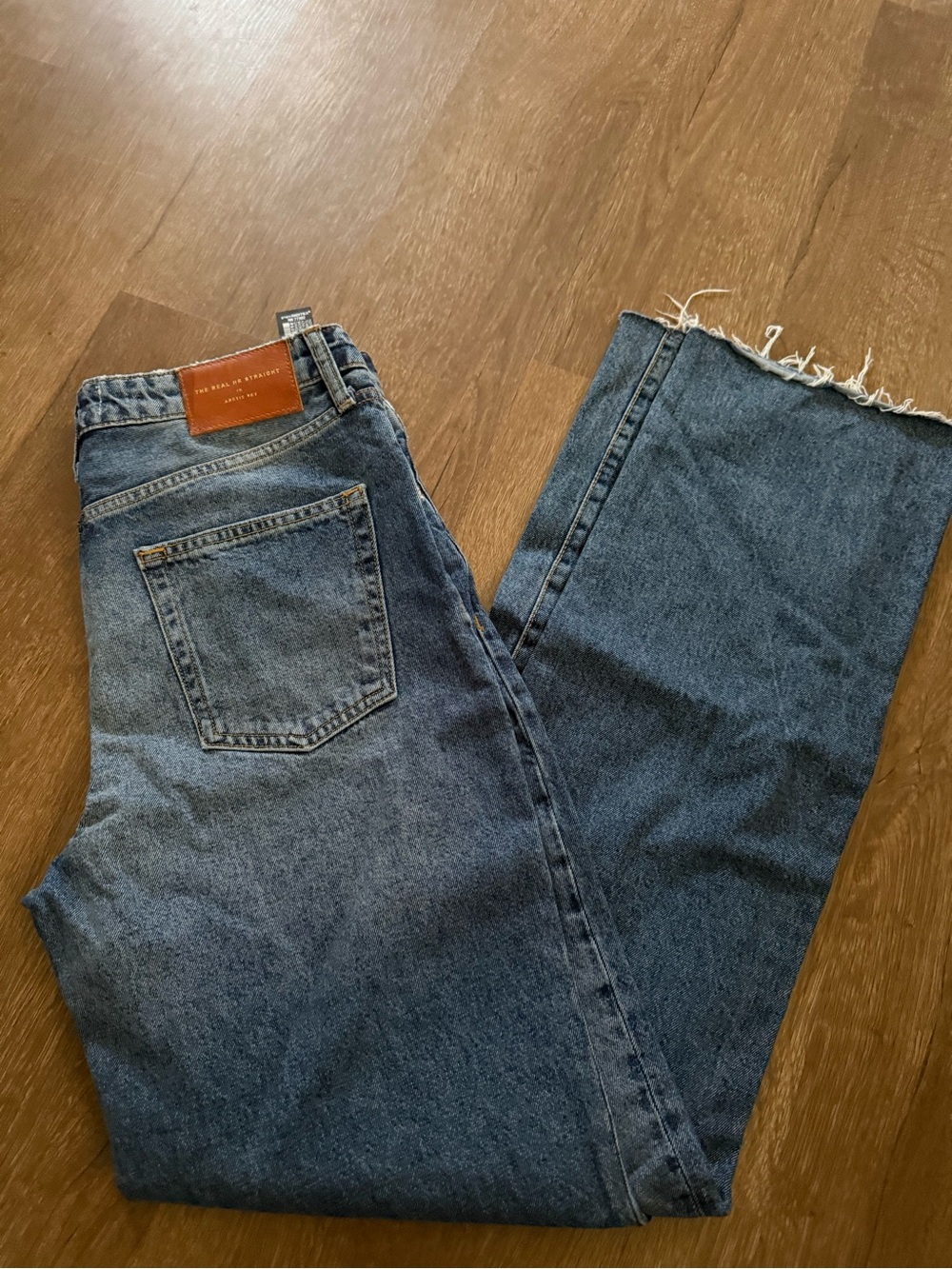Zara Women's Boot Cut Denim Jeans in Medium Blue with Raw Hem